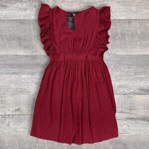 Solarsun Ruffle Sleeveless Mini Dress NEW Womens S Burgundy V Neck Swiss Dot